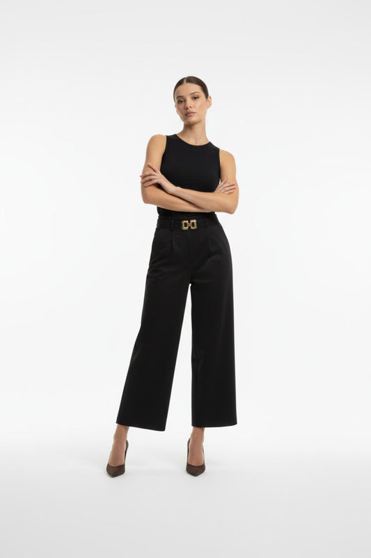 Kadın Önü Pileli Tokalı Bol Pantolon  Siyah