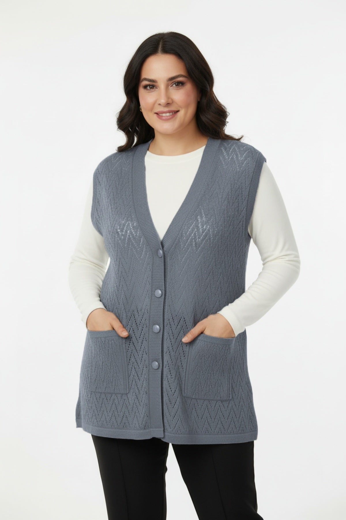 Harmony Gebreide Gilet — Grijs (Grote Maten)