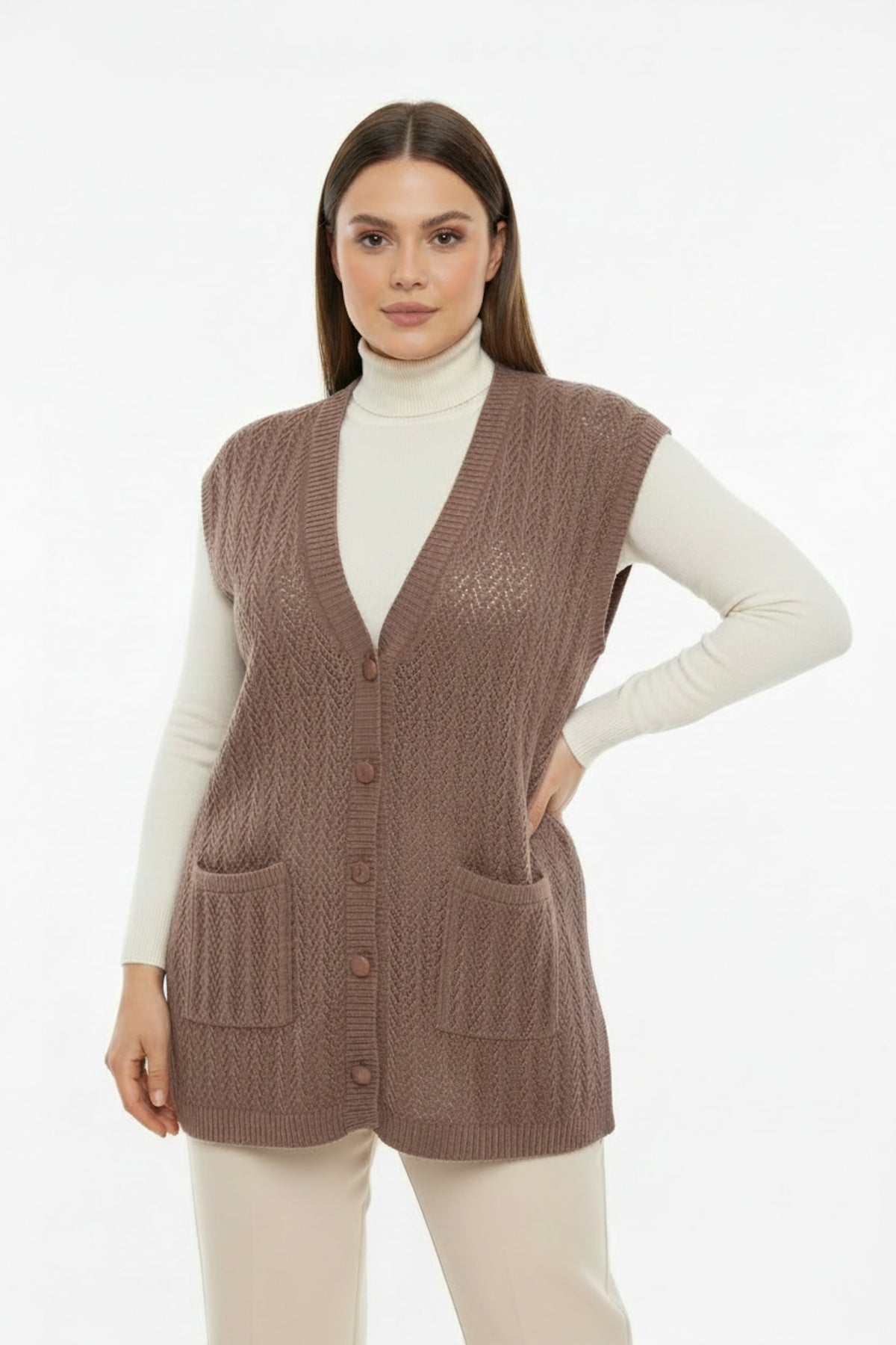 Plus - Size Patroonvest — Lichtbruin