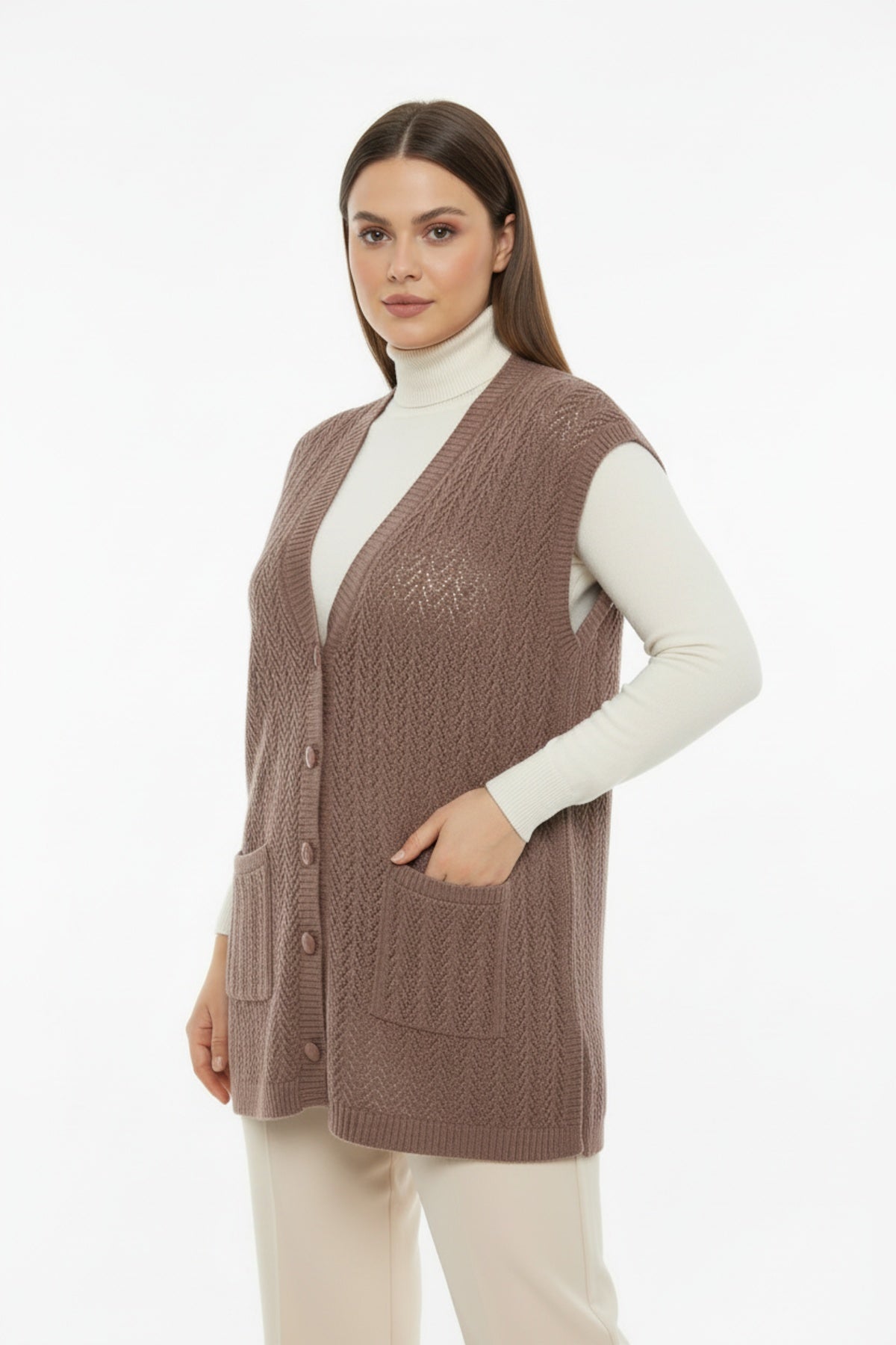 Plus - Size Patroonvest — Lichtbruin