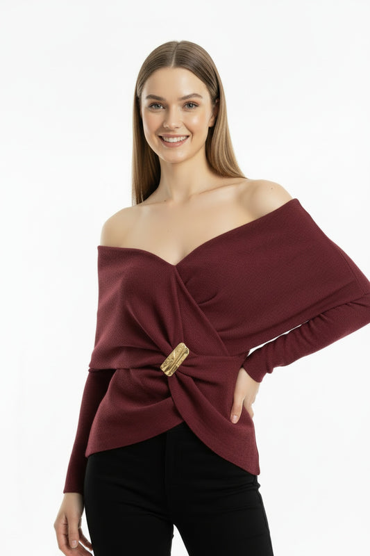 Kadın Şal Yaka Aksesuar Detay Bluz  Bordo
