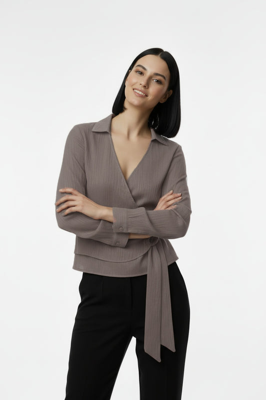 Kadın Müslim Tencel Kumaş Detaylı Bluz  Vizon