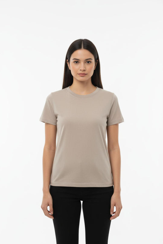 Dames Body‑T‑Shirt Met Ronde Hals — Taupe