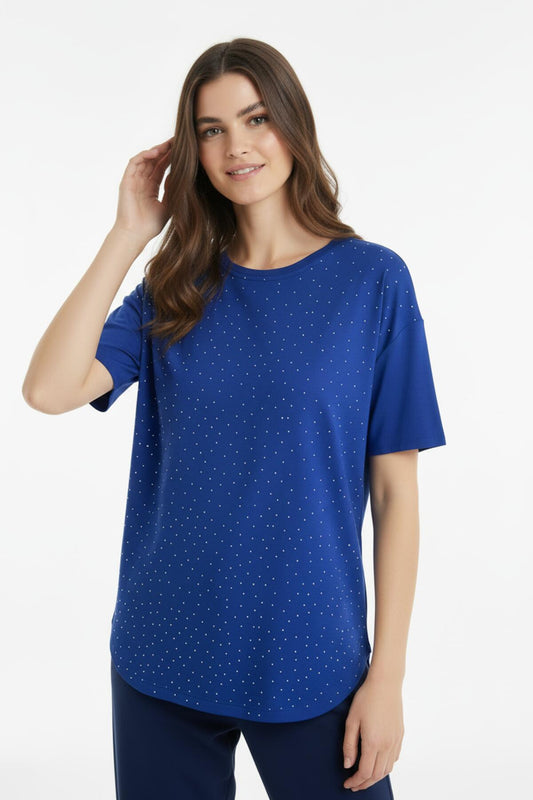 Kadın Etek Ucu Oval Taşlı Tshırt  Lacivert