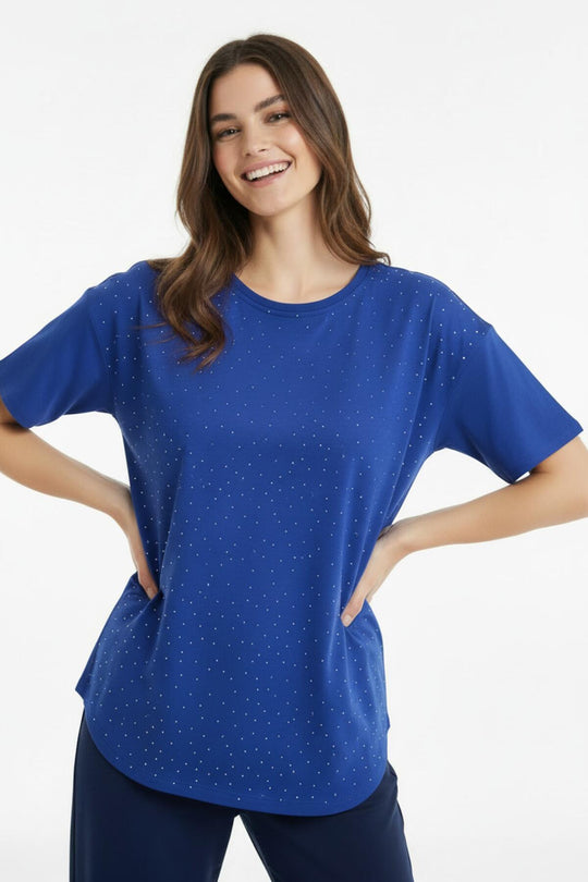 T‑Shirt Met Afgeronde Zoom En Steentjes — Donkerblauw