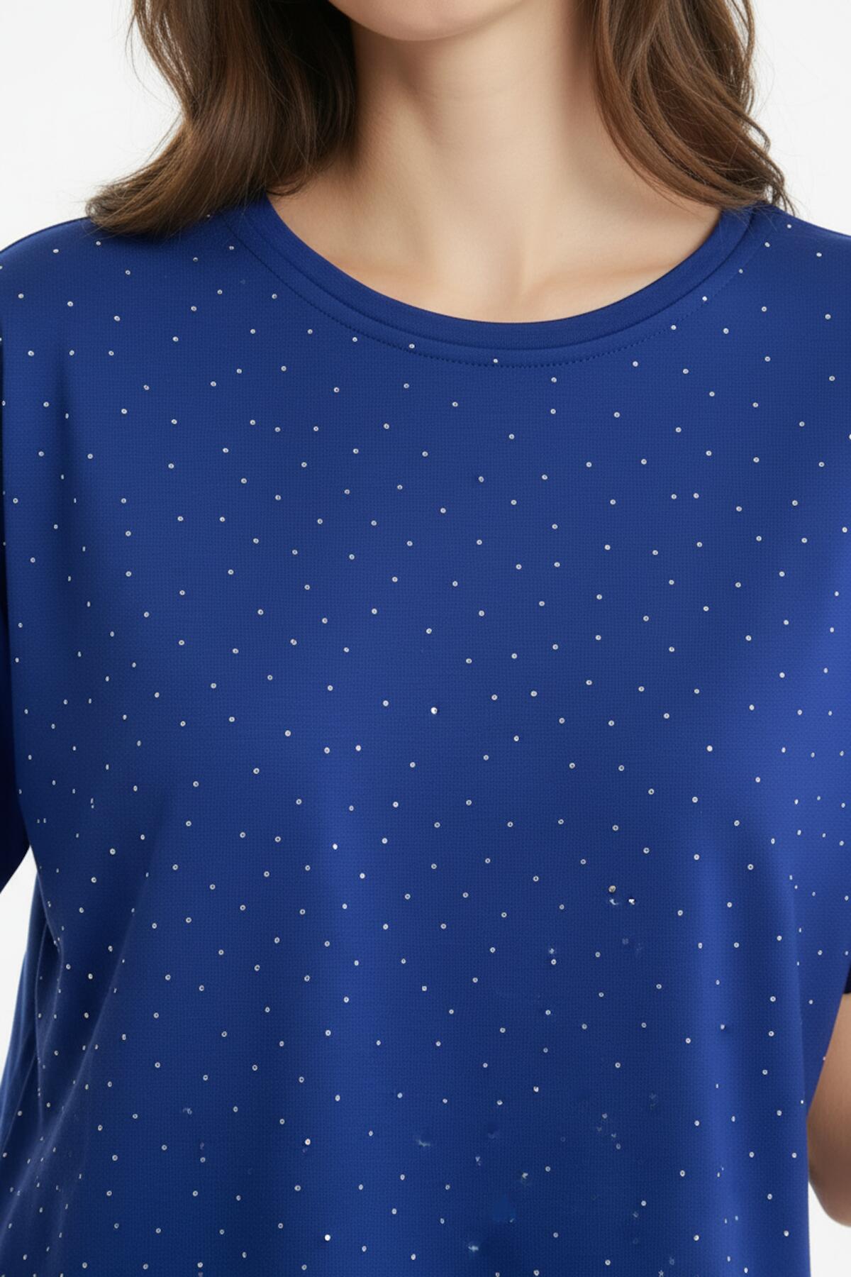 T‑Shirt Met Afgeronde Zoom En Steentjes — Donkerblauw