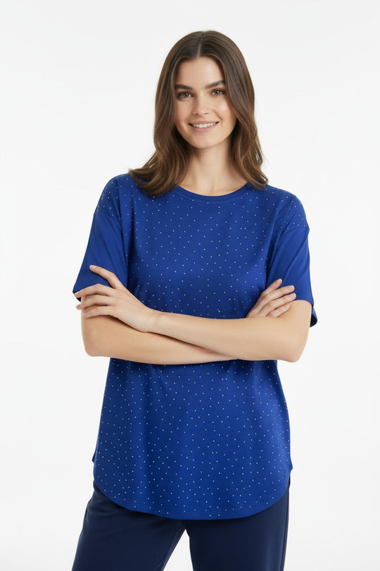 T‑Shirt Met Afgeronde Zoom En Steentjes — Donkerblauw
