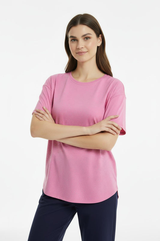 T‑Shirt Mit Abgerundetem Saum Und Steinbesatz — Rosa