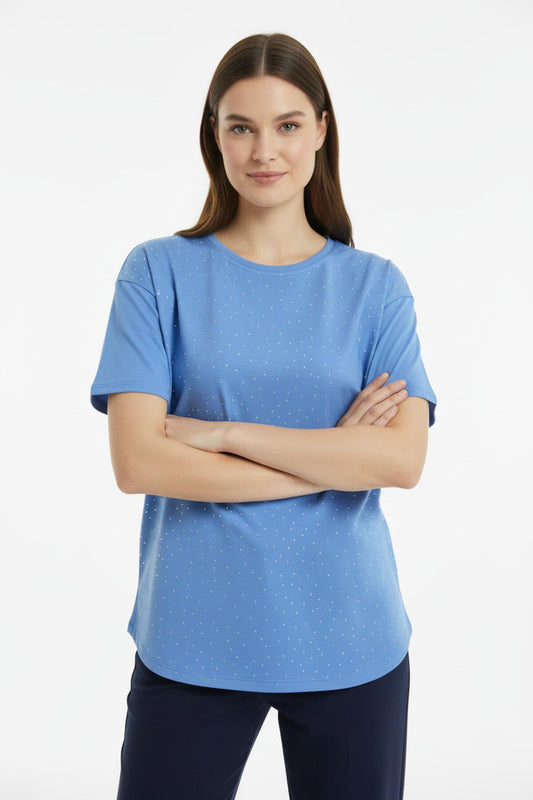 Kadın Etek Ucu Oval Taşlı Tshırt  Mavi