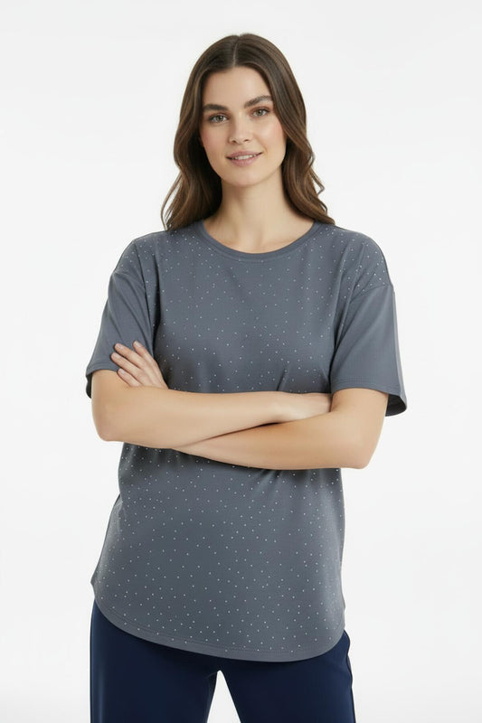 Damen - T - Shirt Mit Ovalem Saum Und Ziersteinen — Anthrazit