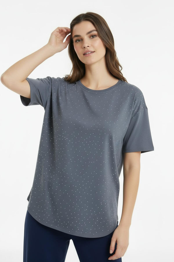 Dames T‑Shirt Met Ovalen Zoom En Siersteentjes — Antraciet