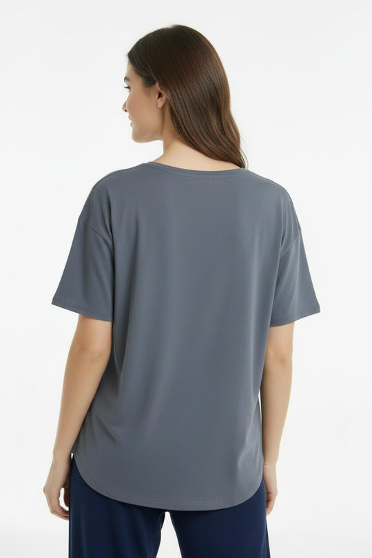 Dames T‑Shirt Met Ovalen Zoom En Siersteentjes — Antraciet