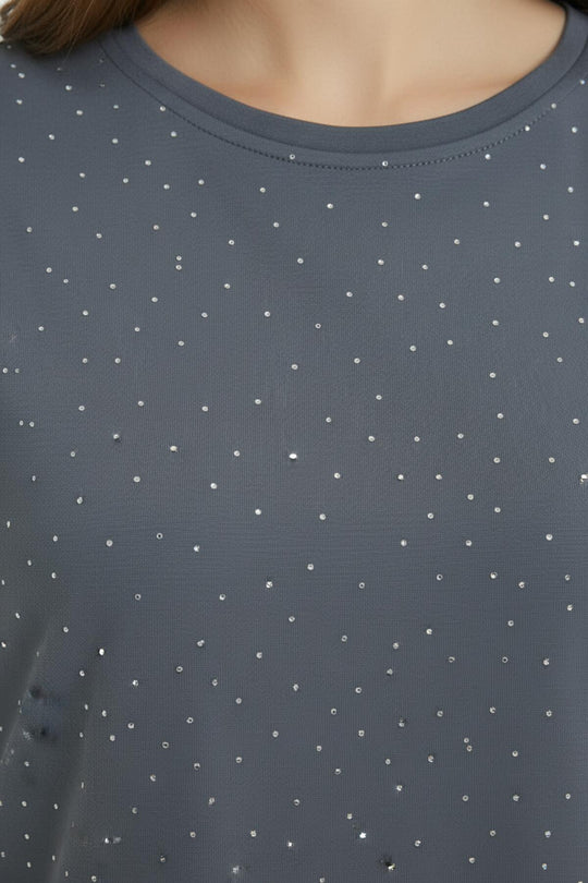 Dames T‑Shirt Met Ovalen Zoom En Siersteentjes — Antraciet