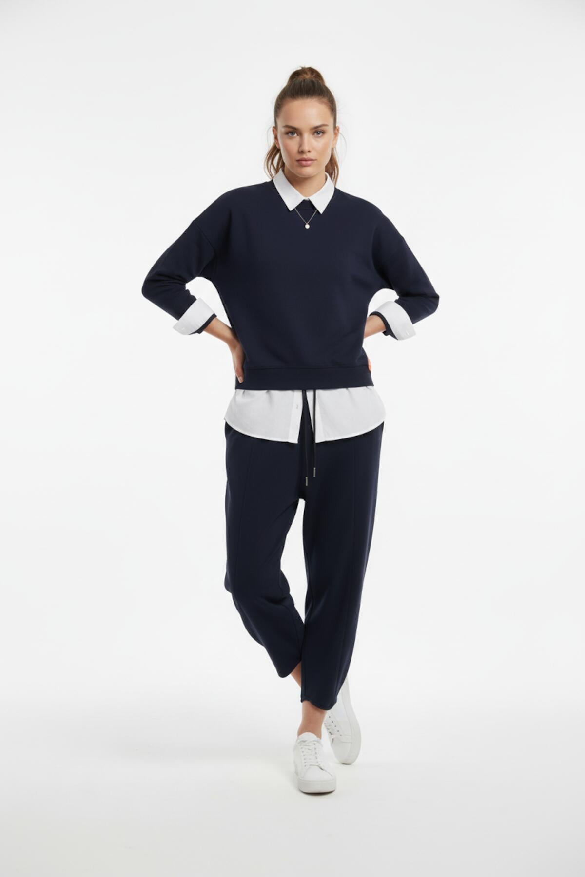 Wide‑Leg Trousers With Hem Detailing — Navy