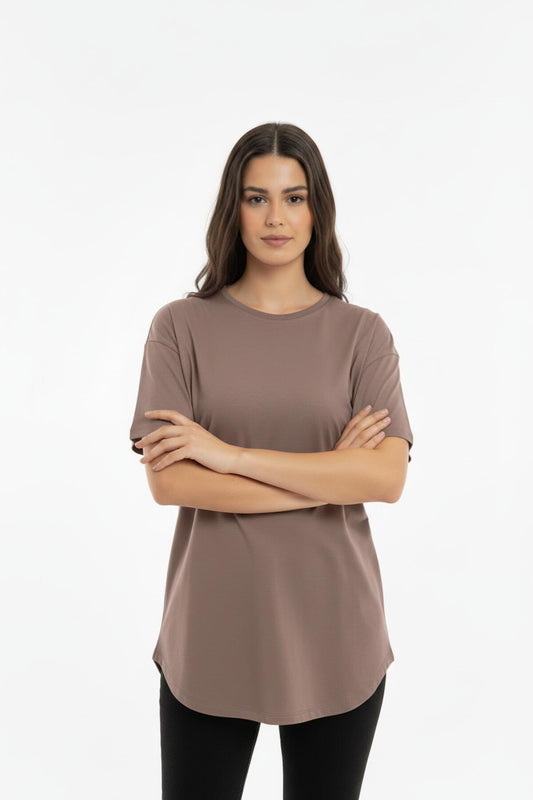 Zweifädiges T‑Shirt Mit Ovalem Saum – Braun