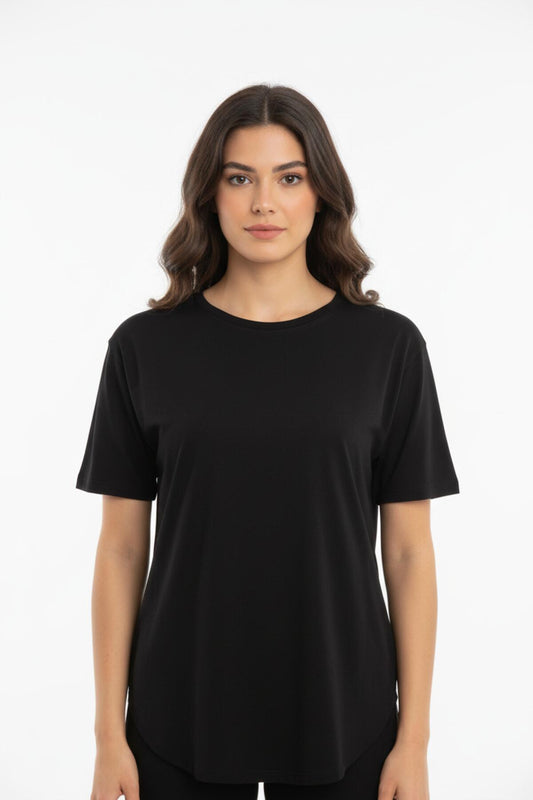 Kadın Etek Ucu Oval İki İplik Tshırt  Siyah