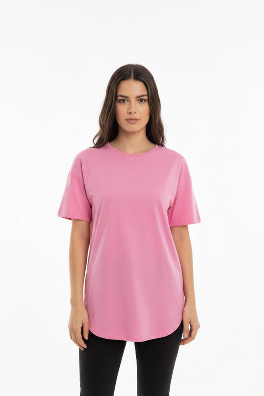 T - Shirt Mit Ovalem Saum Aus Doppelgarn – Rosa