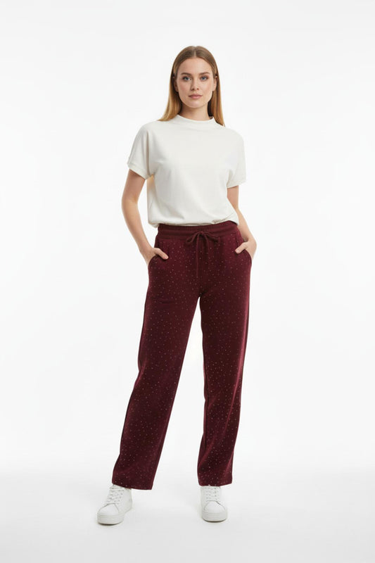 Burgundy Wide - Leg Trousers With Stone Details