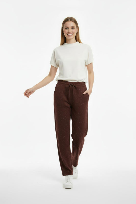 Embellished Wide‑Leg Trousers — Brown