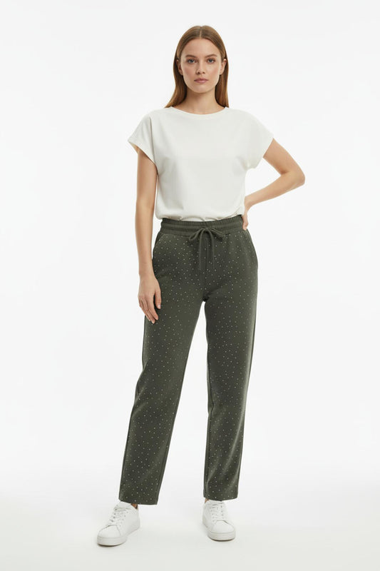 Embellished Wide‑Leg Trousers — Khaki