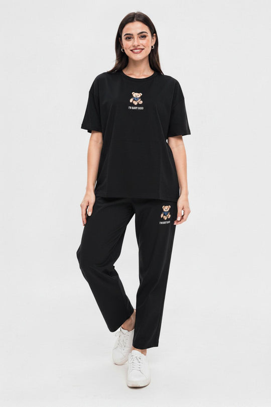 Dames T - Shirtset Met Berenborduursel — Zwart