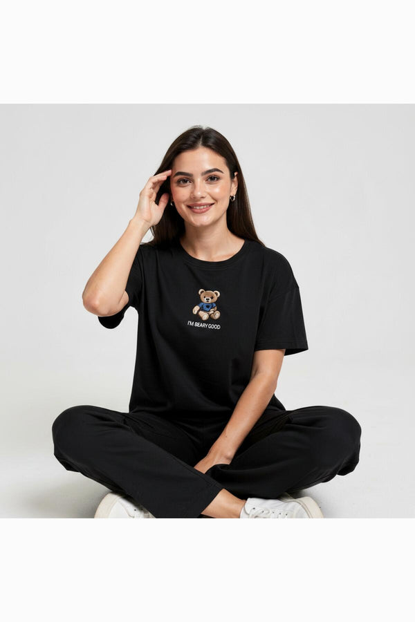 Dames T - Shirtset Met Berenborduursel — Zwart