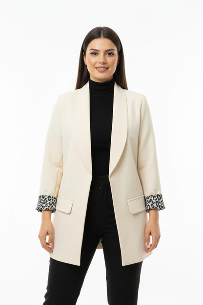 Kadın İçi Leoparlı Blazer Ceket  Krem