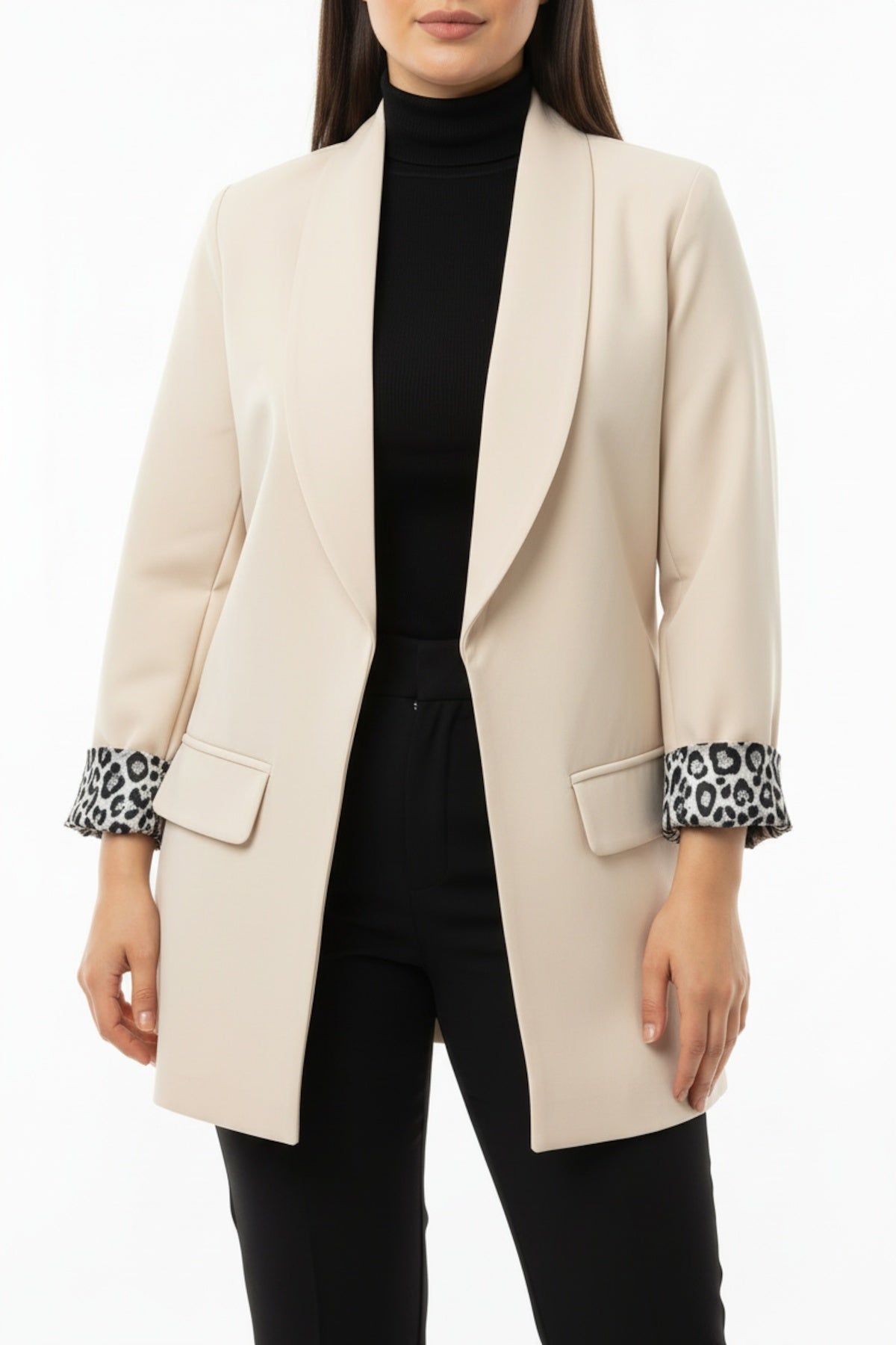 Kadın İçi Leoparlı Blazer Ceket  Krem