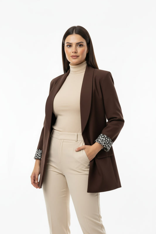 Kadın İçi Leoparlı Blazer Ceket  Kahverengi