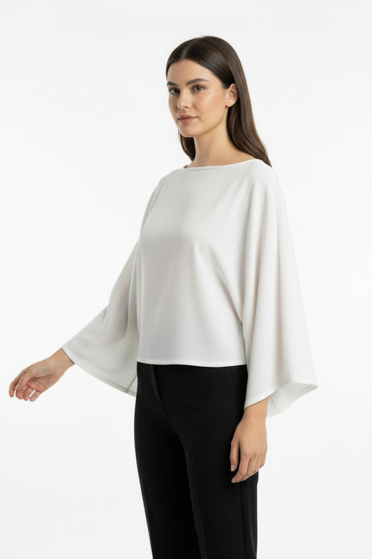 Kadın Yarasa Kol Kayık Yaka Bluz  Beyaz