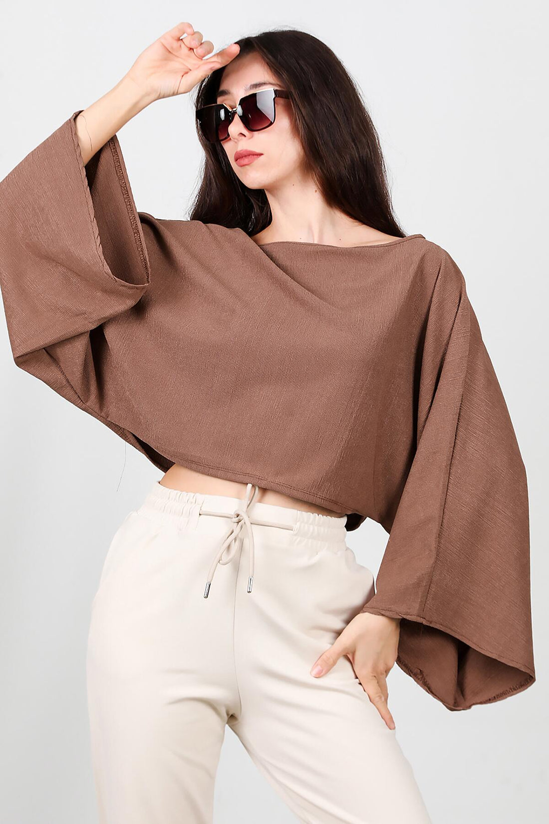 Blouse À Manches Chauve‑Souris Et Encolure Bateau — Marron