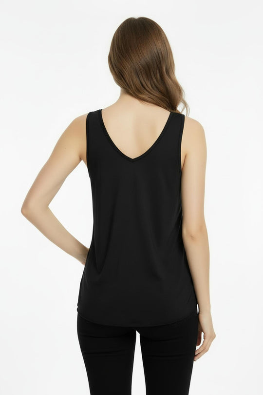 V‑Hals Top Met Afgeronde Zoom – Zwart