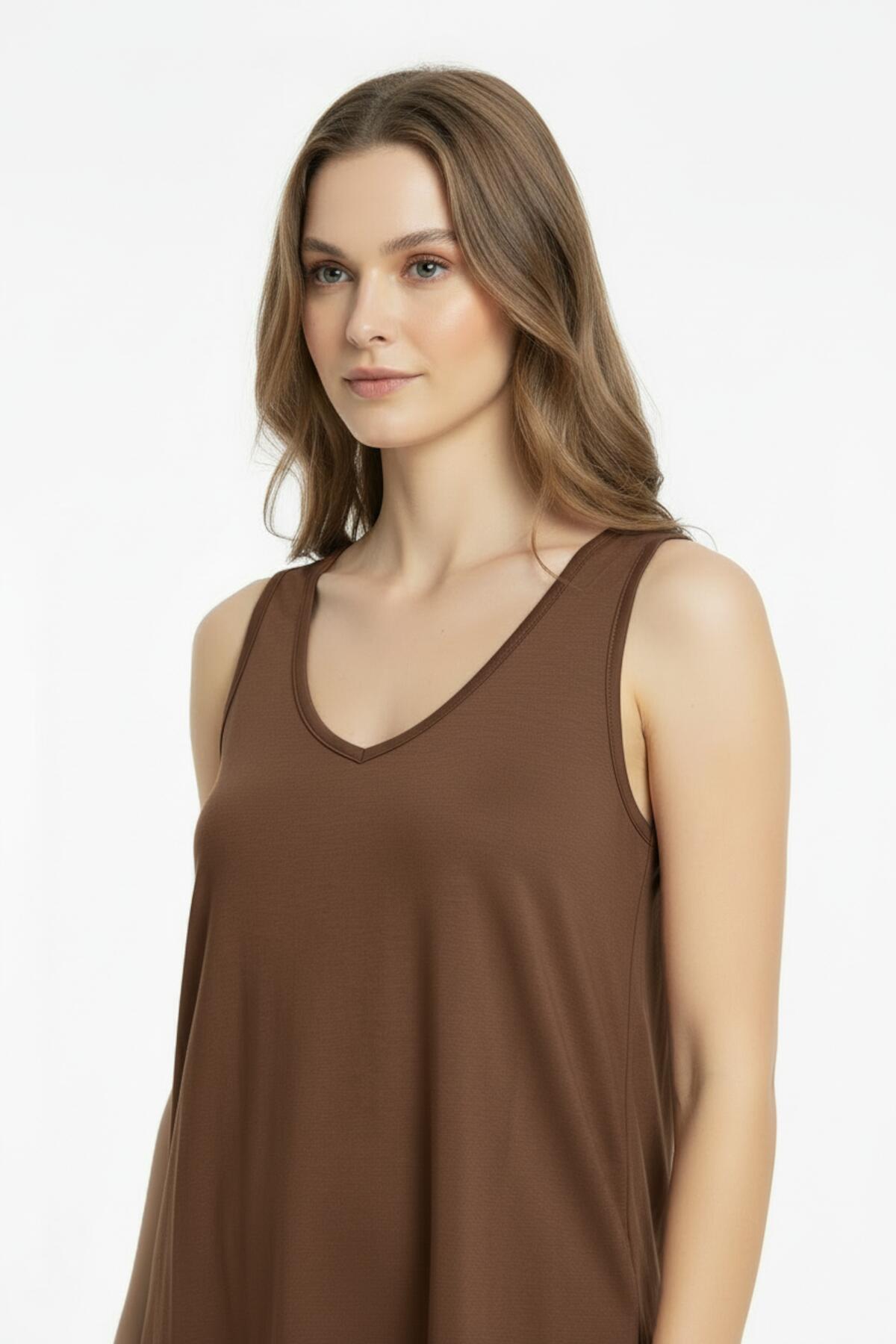 Brown V - Neck Top With Rounded Hem