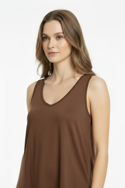 Brown V - Neck Top With Rounded Hem