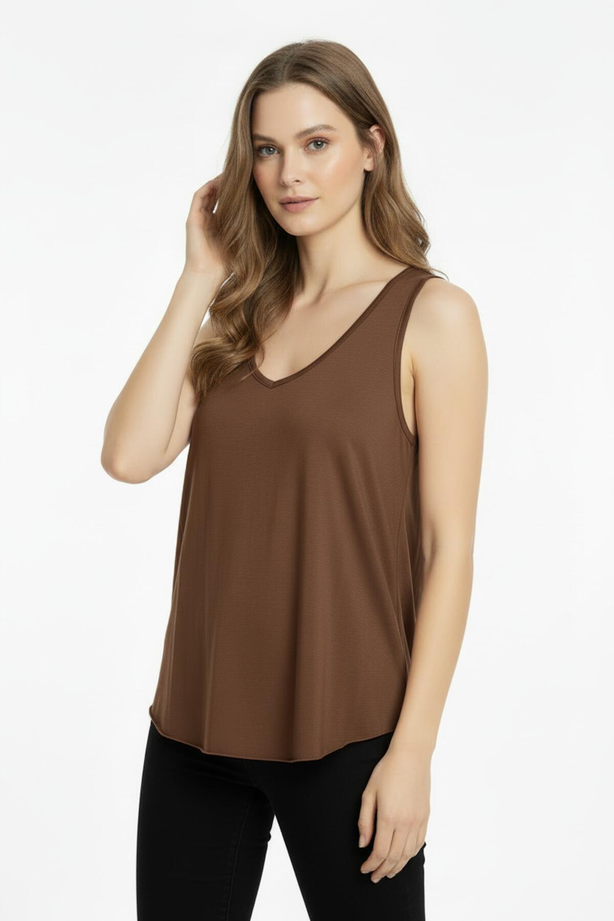 Brown V - Neck Top With Rounded Hem