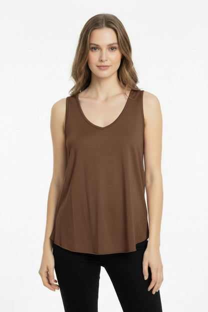 Brown V - Neck Top With Rounded Hem