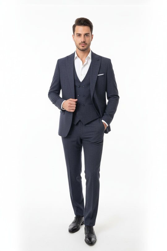 Zegna Gemêleerd 3 - Delig Pak – Marineblauw