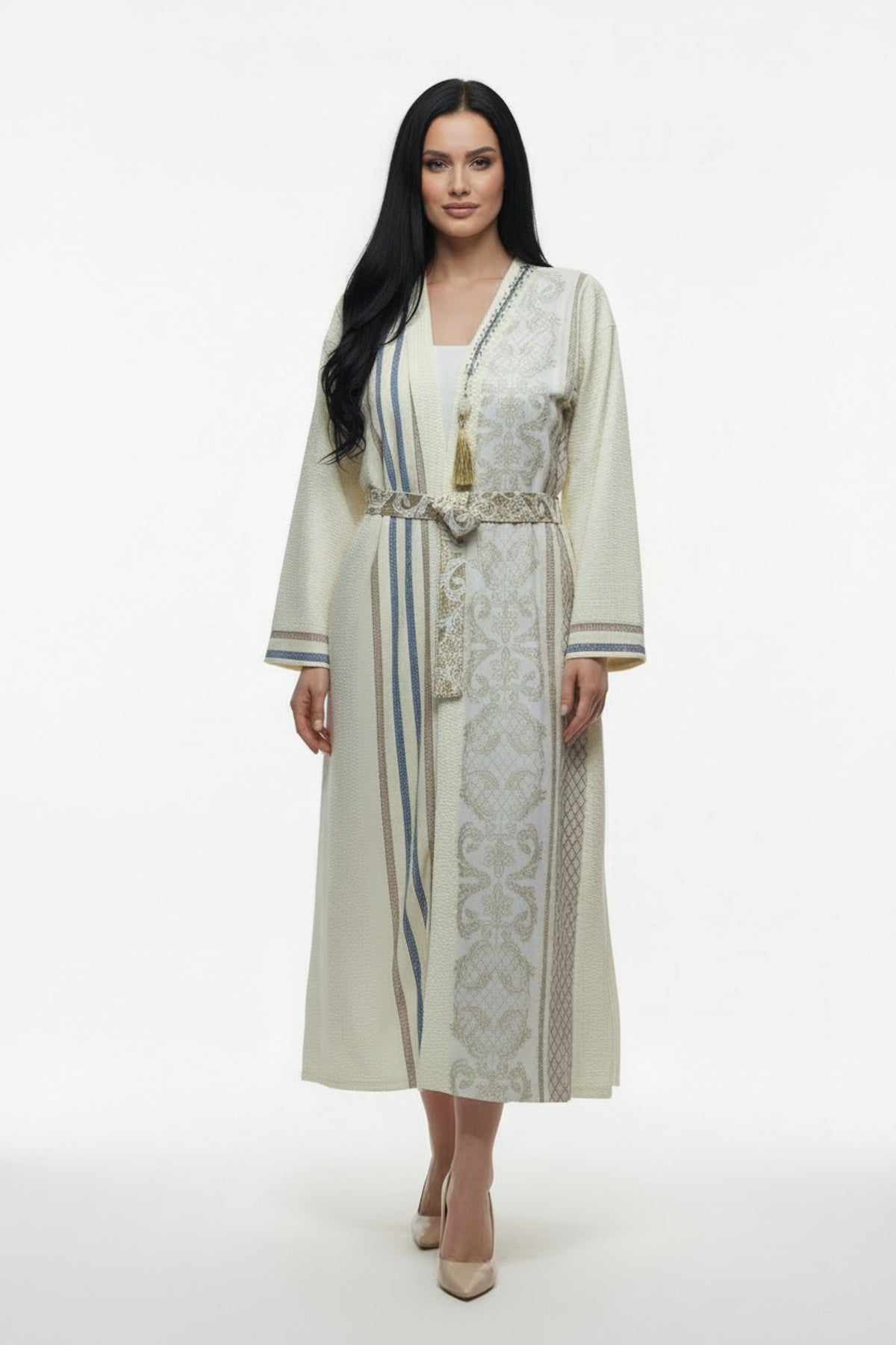 Plus‑Size Ferace Dress With Gold Embellishment — Ecru