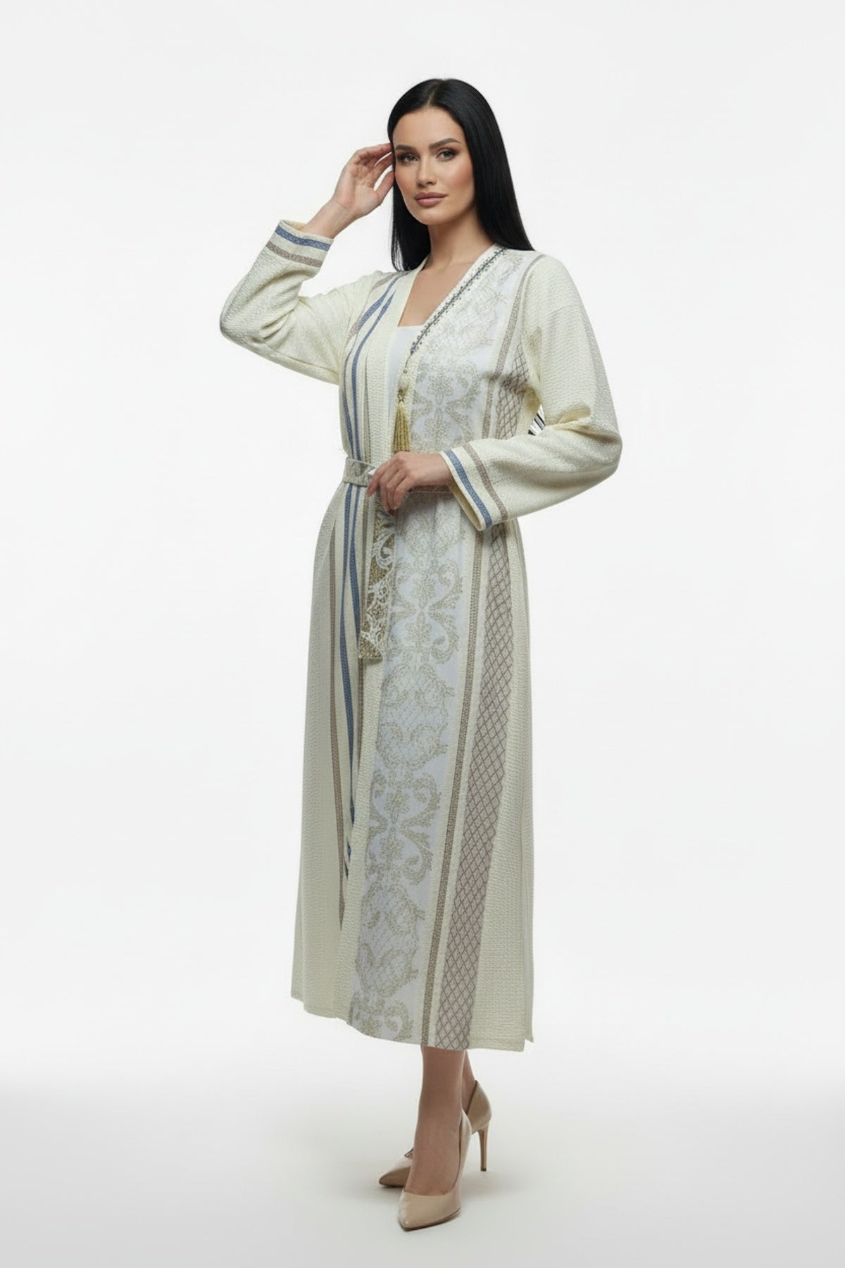 Plus‑Size Ferace Dress With Gold Embellishment — Ecru