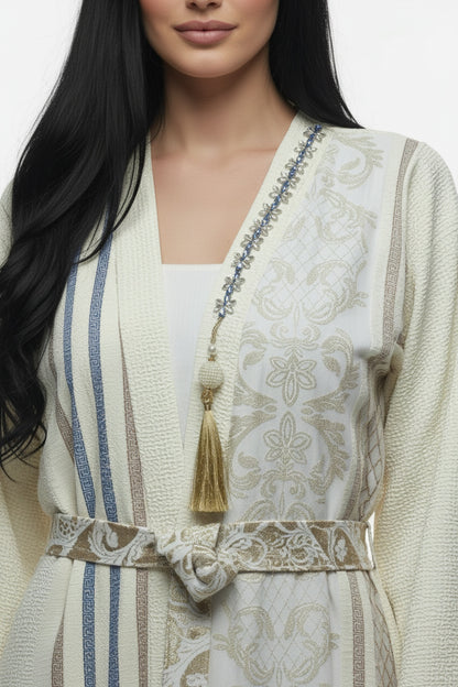 Plus‑Size Ferace Dress With Gold Embellishment — Ecru