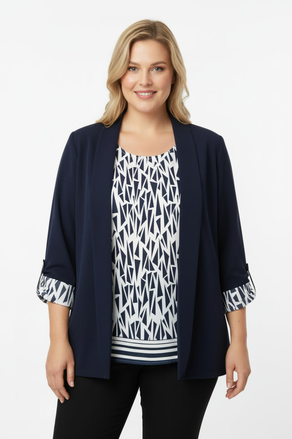 Blazer & Blouse Navy – Plus‑Size Tweedelig Set