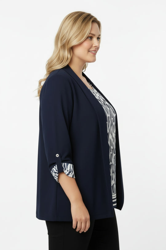 Blazer & Blouse Navy – Plus‑Size Tweedelig Set