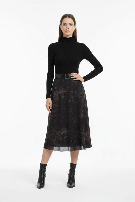 Kadın Desenli Astarlı Kemerli Tül Etek  Kahverengi