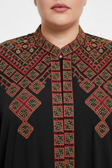 Robe Brodée Aux Manches, Épaules Et Ceinture D'inspiration Ethnique — Noir