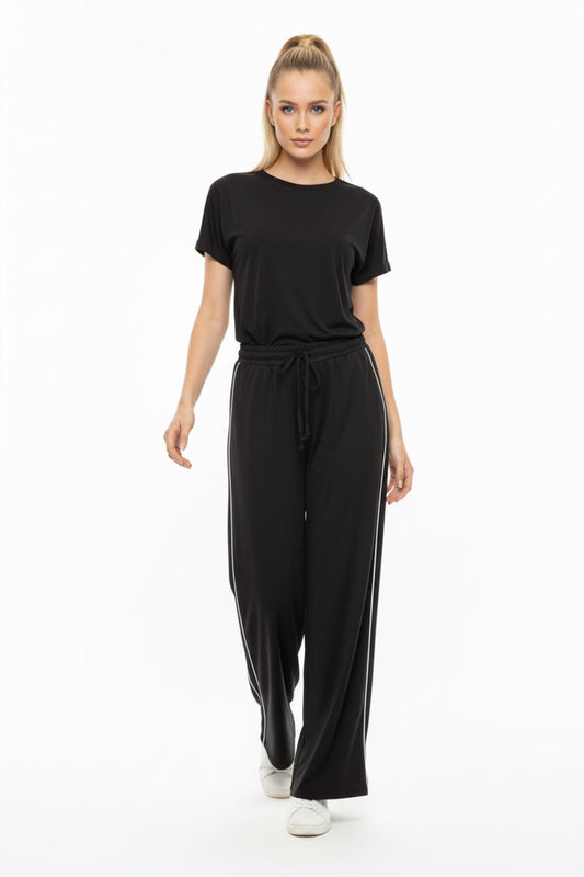 Kadın Yanları Biyeli Cepli Bol Paça Pantolon  Siyah