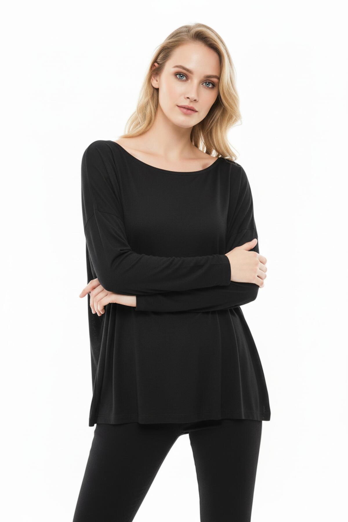 Schiffsausschnittbluse Mit Überschnittenen Schultern – Schwarz