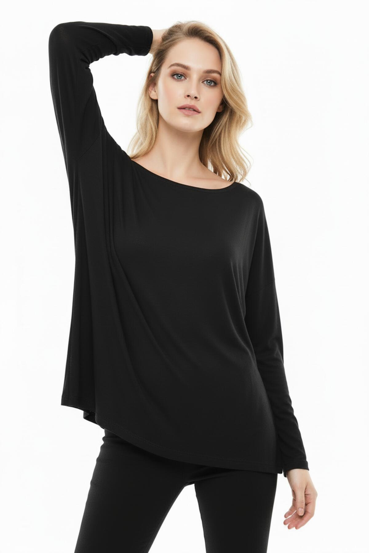 Schiffsausschnittbluse Mit Überschnittenen Schultern – Schwarz