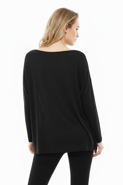 Schiffsausschnittbluse Mit Überschnittenen Schultern – Schwarz