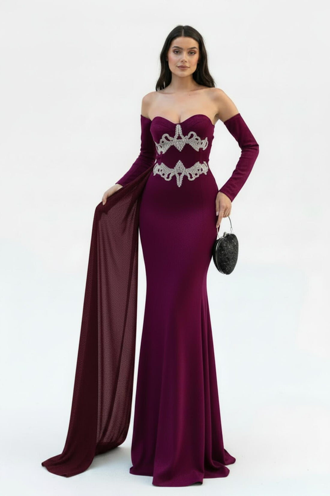 Robe De Soirée Prune Ornée De Pierres, Coupe Sirène