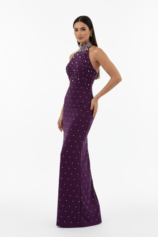 Lila Scuba - Crepe - Kleid Mit Perlendetail